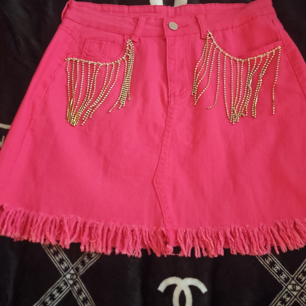 Vibrant Pink Skirt with Gold Chain Details